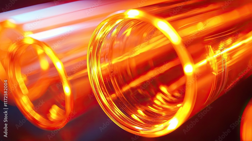 Poster neon abstract background idea. macro shot of glowing orange laboratory glassware under bright lighti