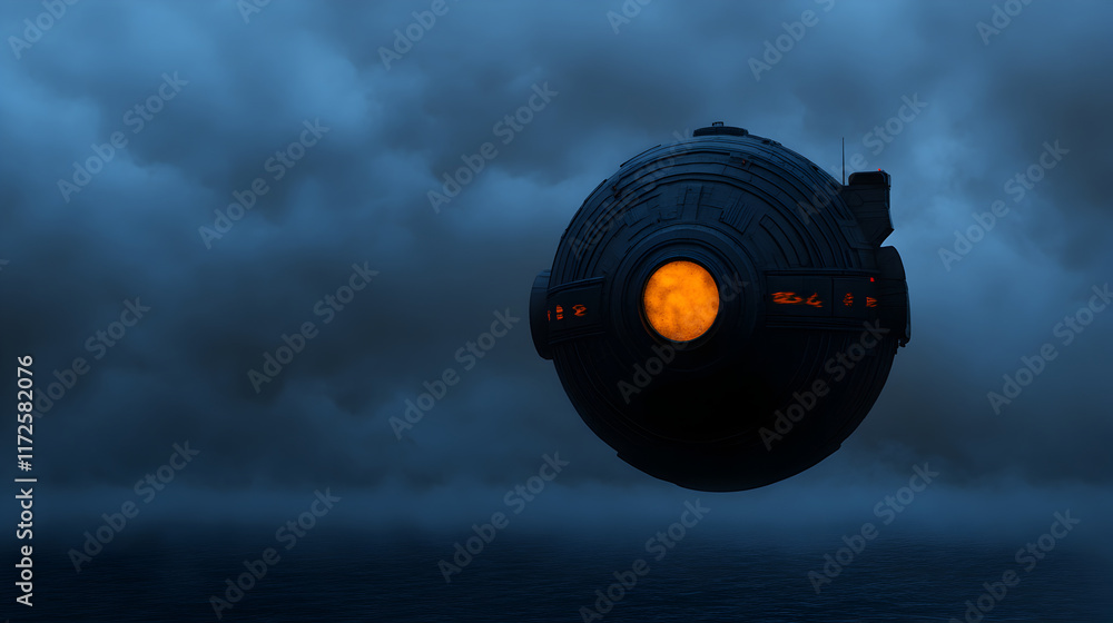 Poster glowing spaceship hovering above dark oceanic waters, nighttime cloudscape surrounding futuristic sp