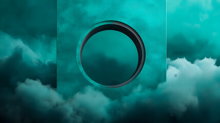 Turquoise wall with round window floating on white clouds in a surreal, dreamy, and ethereal scene with a matching monochromatic background, evoking mystery and imagination