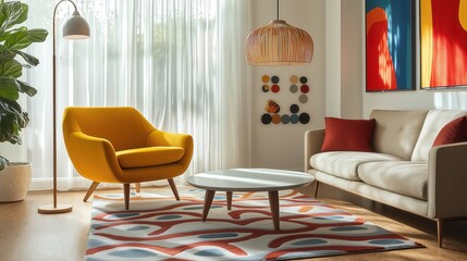 Generative AI, Mid-century modern living room with mustard armchair and gray sofa