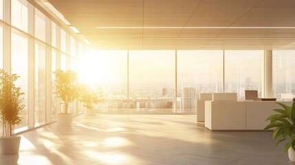Fototapeta premium Bright and modern office interior with panoramic windows, blurred background and elegant lighting, ideal for business concept visuals