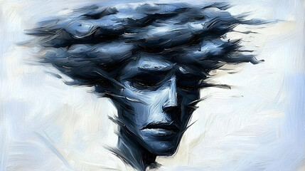 An abstract portrait of a figure with clouds as hair, evoking emotions of contemplation and turmoil in a blue-toned color palette.