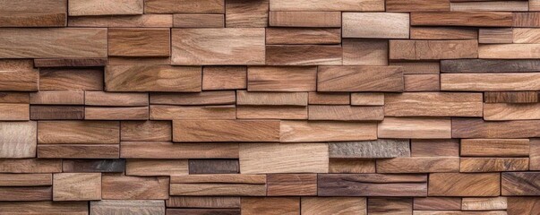 Obraz premium A textured wooden wall composed of variously sized and colored wooden panels, showcasing natural grain patterns and tones.