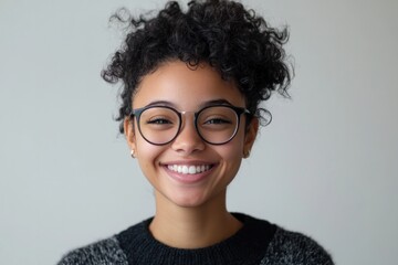 Bright smile radiates joy, showcasing curly hair and stylish gla