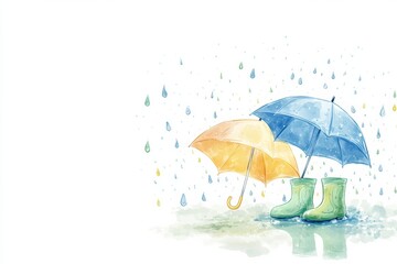 Bright umbrellas and green boots in playful doodle depicting a rainy day in a cheerful way. Generative AI