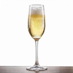 Elegant champagne glass filled with sparkling bubbly beverage.