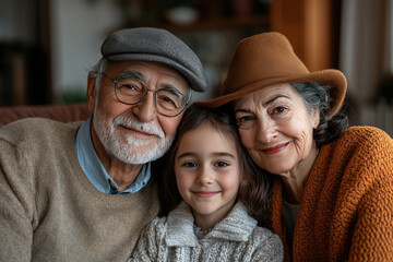 Elderly couple and young granddaughter on couch, sharing stories and laughter, radiating happiness and creating cherished memories .National Grandparents Day