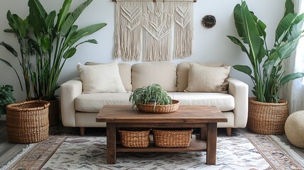 Tranquil living room, beige sofa, plants, wooden coffee table, bohemian wall hanging.
