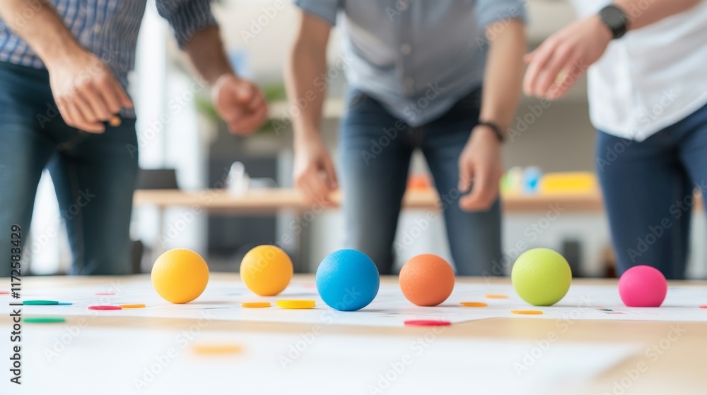 Poster team collaboration with colorful balls on a table in modern office setting showcasing creative brain