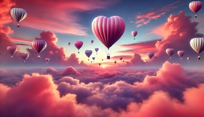 Naklejka premium Heart Balloons in a Dreamy Sunset Sky, Valentine's Day, GENERATIVE AI 