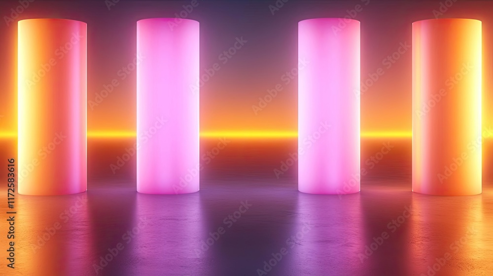 Poster neon abstract background idea. a vivid abstract scene featuring glowing cylindrical shapes with vibr