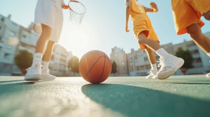 Naklejka premium Dynamic Scene of Youths Playing Basketball on Outdoor Court at Sunset with Focus on Ball, Emphasizing Active Lifestyle, Team Spirit, and Urban Environment