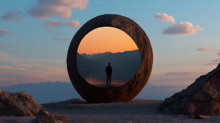 Fototapeta premium Businessman standing in front of a giant stone circle framing a beautiful sunset over a lake and mountains, creating a surreal and inspiring atmosphere