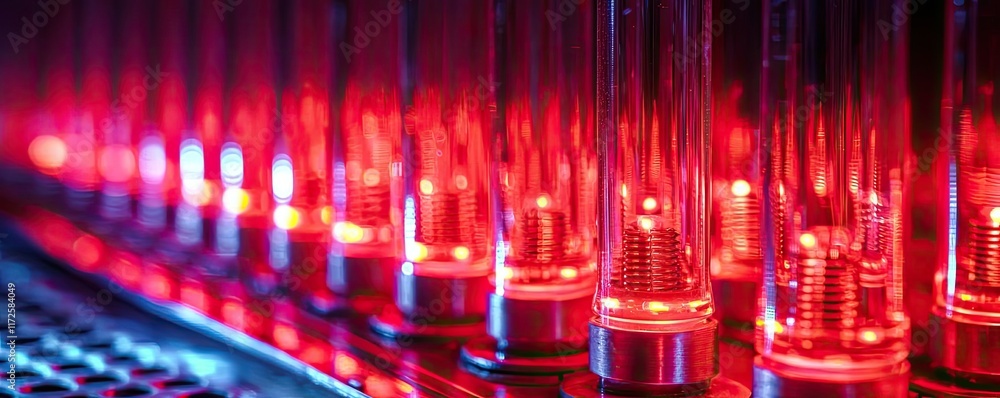 Poster neon abstract background idea. close-up of glowing vacuum tubes in vibrant red lighting, showcasing 