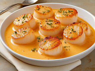 Seared Scallops with Garlic Butter Sauce and Fresh Herb Garnish