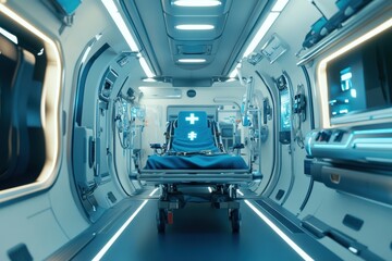Fototapeta premium High-tech medical bay interior with emergency stretcher in futuristic design