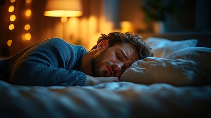 Man sleeping soundly in dimly lit bedroom, peaceful night.