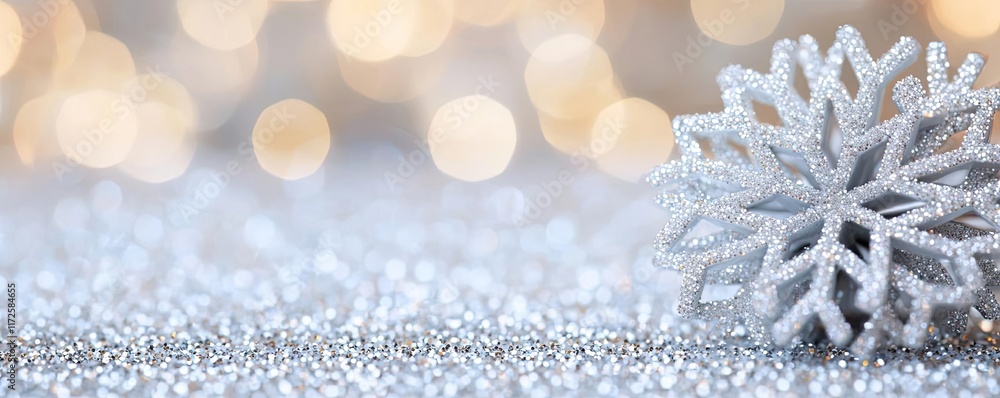 Poster glitter abstract background concept. a shimmering snowflake resting on a blurred silver background, 