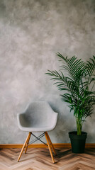 Grey Chair, Green Plant, Concrete Wall