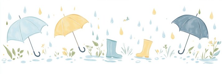 Colorful umbrellas and boots playfully arranged among raindrops and grass in a cheerful spring setting. Generative AI