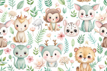 Naklejka premium Adorable watercolor animal seamless pattern.