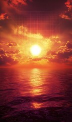Retro futuristic landscape with surreal glowing shapes, vibrant orange and purple gradient sky, a setting sun, and a grid background
