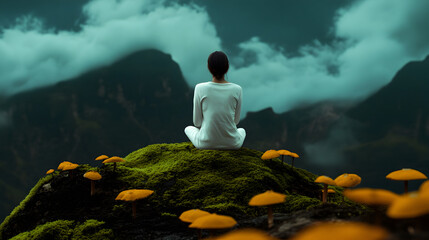 Obraz premium Young woman practicing meditation, sitting cross legged on moss covered stone near bright orange mushrooms, serene mountain backdrop with vivid cloudy sky
