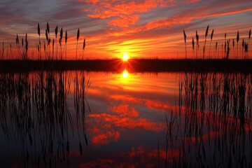Obraz premium Vibrant marsh sunset reflection with reeds, colorful clouds