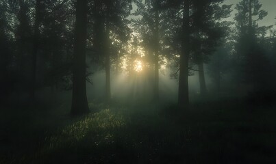 A quiet forest and the sun shrouded in mist at dawn, Generative AI 