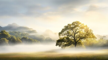 Obraz premium Serene Landscape with Lone Tree at Sunrise, Mist Covered Grasslands, Soft Light Filtering Through Trees, and Rolling Hills in Background, Nature Tranquility and Beauty Captured