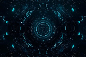 Abstract close-up of a glowing blue digital circuit board, showcasing intricate connections and technological design on a black background.
