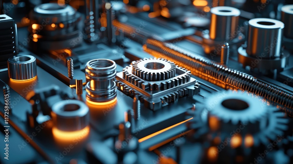 Poster Metallic abstract background concept. Close-up of a high-tech circuit board with glowing components and intricate details.