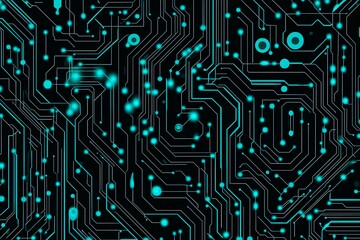 Abstract close-up of a glowing blue digital circuit board, showcasing intricate connections and technological design on a black background.
