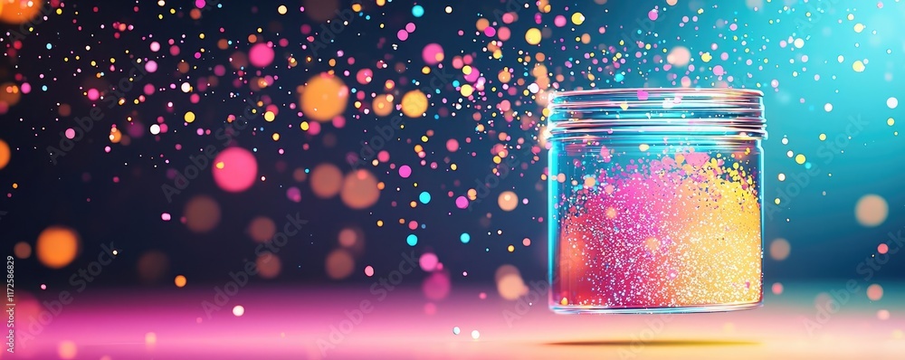 Poster splash abstract background concept. colorful glitter jar with vibrant particles floating in a magica