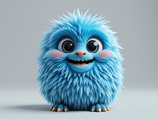 Fototapeta premium Adorable 3D Render of a Fluffy Blue Cartoon Monster Happy Expression Cute Character