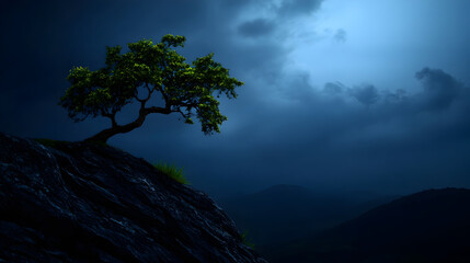 Fototapeta premium Resilient green tree perched precariously on cliff edge, silhouetted against dramatic mountain landscape and moody clouded nighttime sky, embodying wilderness survival