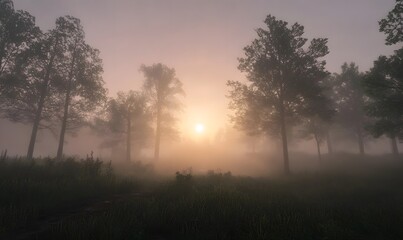 Naklejka premium A quiet forest and the sun shrouded in mist at dawn, Generative AI 