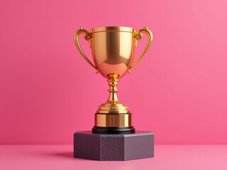 Fototapeta premium Golden Trophy Award on Pink Background Winner Prize Success Achievement Victory Concept