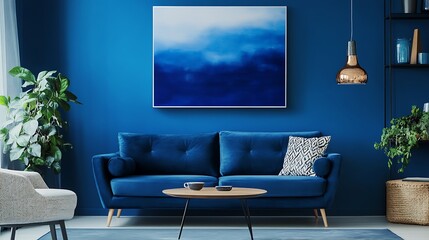 Modern living room with contemporary blue interior design and stylish furniture

