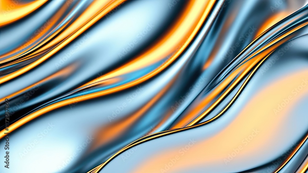Poster Metallic abstract background concept. Abstract wave patterns in blue and orange create a dynamic and vibrant visual effect.