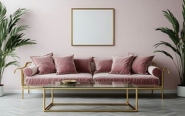 Pink velvet sofa, gold legs, living room interior design, mockup frame, plants.