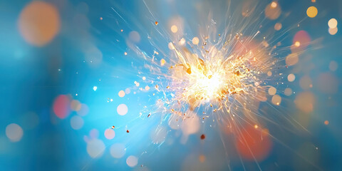 Glowing blue and orange elements burst into vibrant sparks, creating dynamic visual effect that captivates viewer attention
