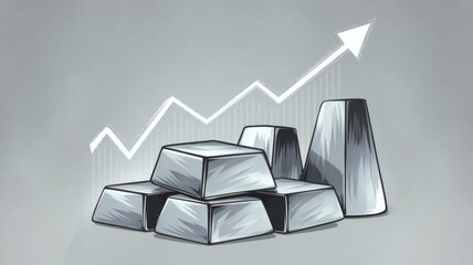 Illustration of silver bars with a rising graph, symbolizing increasing silver prices, ideal for finance and investment concepts.