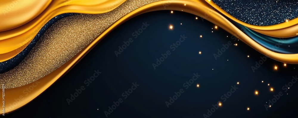 Poster glitter abstract background concept. elegant wavy design in gold with sparkling accents on a dark ba