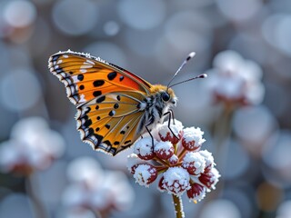 Obraz premium Stunning Orange Butterfly on Snow Covered Flower in Winter Macro Photography