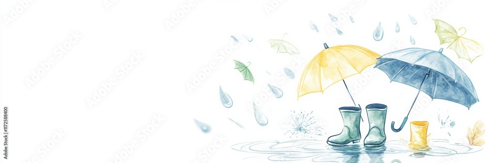 Aufkleber colorful rain boots and umbrellas with raindrops creating a playful atmosphere in a whimsical doodle