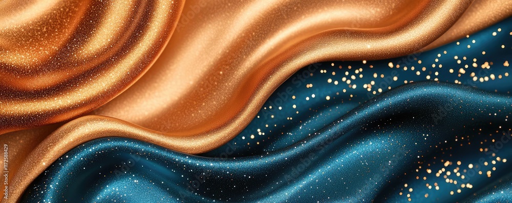 Poster glitter abstract background concept. elegant flowing fabric with golden glitter and rich colors crea