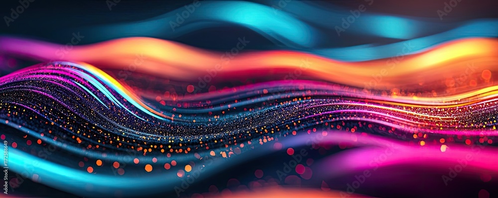 Poster Glitter abstract background concept. Vibrant abstract wave patterns with colorful light effects and glimmering details.