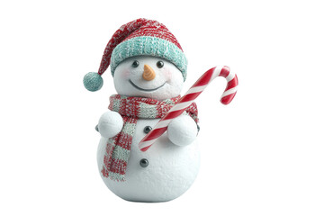 A cheerful snowman adorned with a colorful hat and scarf, holding a striped candy cane.