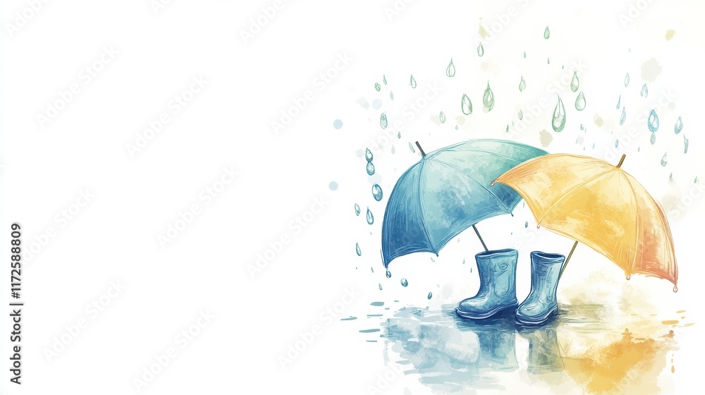 Aufkleber playful doodle of colorful umbrellas and boots under a gentle rain shower with splashes and droplets